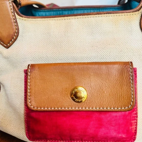 Prada Vintage Beige Mixed Material Multicolor Bag w/Leather Trim & Teal Interior - Picture 12 of 17